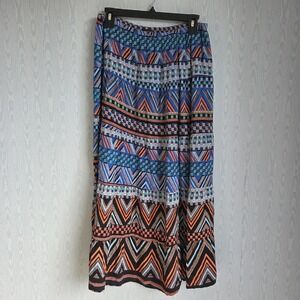 Vtg Notations Skirt Large Peasant Tiered Midi Boho Abstract Colorful Blue Rayon